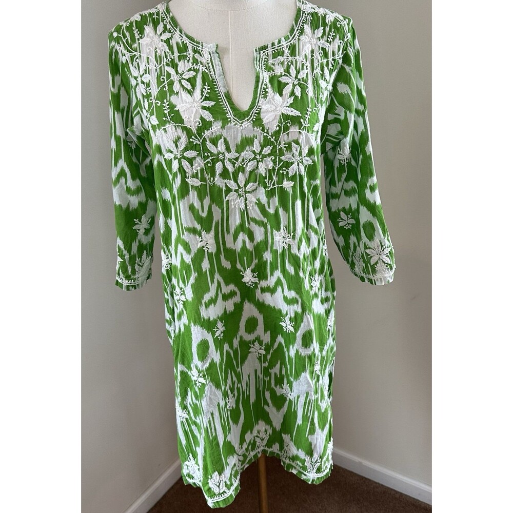 Gretchen Scott Designs Green Ikat Embroidered Tunic Dress Small Cotton Resort